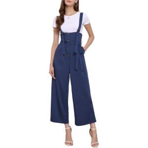 imageAllegra K Womens Wide Leg Overalls Loose Fit Belted High Waist Suspenders JumpsuitsDark Blue