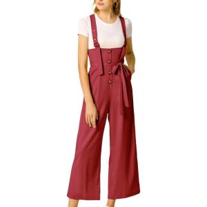 imageAllegra K Womens Wide Leg Overalls Loose Fit Belted High Waist Suspenders JumpsuitsDark Red