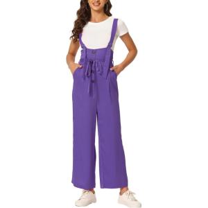 imageAllegra K Womens Wide Leg Overalls Loose Fit Belted High Waist Suspenders JumpsuitsGrape