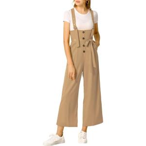 imageAllegra K Womens Wide Leg Overalls Loose Fit Belted High Waist Suspenders JumpsuitsKhaki