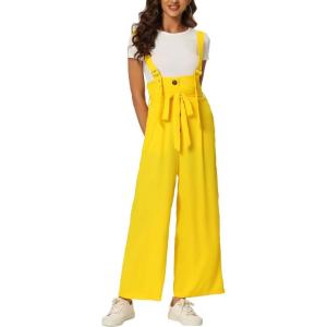 imageAllegra K Womens Wide Leg Overalls Loose Fit Belted High Waist Suspenders JumpsuitsLight Yellow