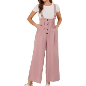 imageAllegra K Womens Wide Leg Overalls Loose Fit Belted High Waist Suspenders JumpsuitsPink