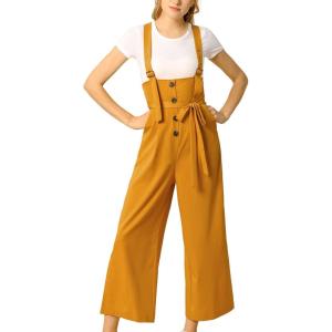 imageAllegra K Womens Wide Leg Overalls Loose Fit Belted High Waist Suspenders JumpsuitsYellow