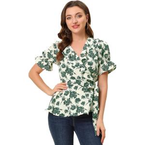 imageAllegra K Womens Wrap Peplum Top Blouse 2025 Summer Floral Short Sleeve Ruffle V Neck Belted ShirtsBeigegreen