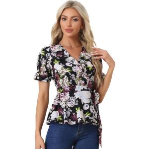 imageAllegra K Womens Wrap Peplum Top Blouse 2025 Summer Floral Short Sleeve Ruffle V Neck Belted ShirtsBlackfloral