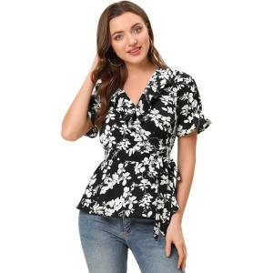 imageAllegra K Womens Wrap Peplum Top Blouse 2025 Summer Floral Short Sleeve Ruffle V Neck Belted ShirtsBlackwhite