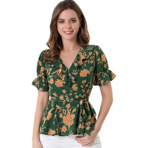 imageAllegra K Womens Wrap Peplum Top Blouse 2025 Summer Floral Short Sleeve Ruffle V Neck Belted ShirtsGreen