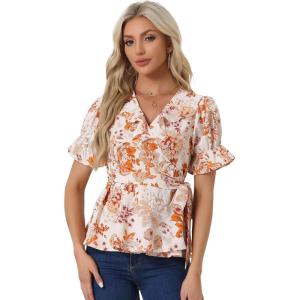imageAllegra K Womens Wrap Peplum Top Blouse 2025 Summer Floral Short Sleeve Ruffle V Neck Belted ShirtsOrange