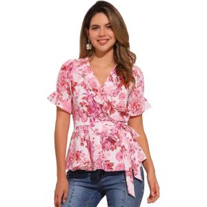 imageAllegra K Womens Wrap Peplum Top Blouse 2025 Summer Floral Short Sleeve Ruffle V Neck Belted ShirtsPink Floral