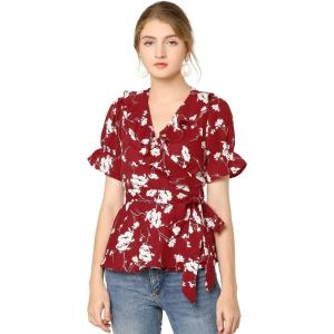 imageAllegra K Womens Wrap Peplum Top Blouse 2025 Summer Floral Short Sleeve Ruffle V Neck Belted ShirtsRed