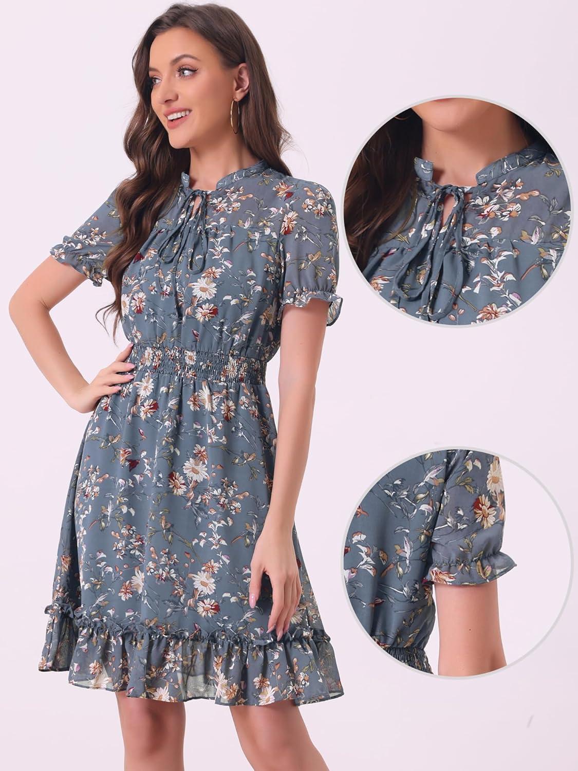 imageAllegra K Floral Dress for Womens 2024 Summer Puff Sleeve Ruffles Tiered Chiffon Smocked DressesGrey Blue