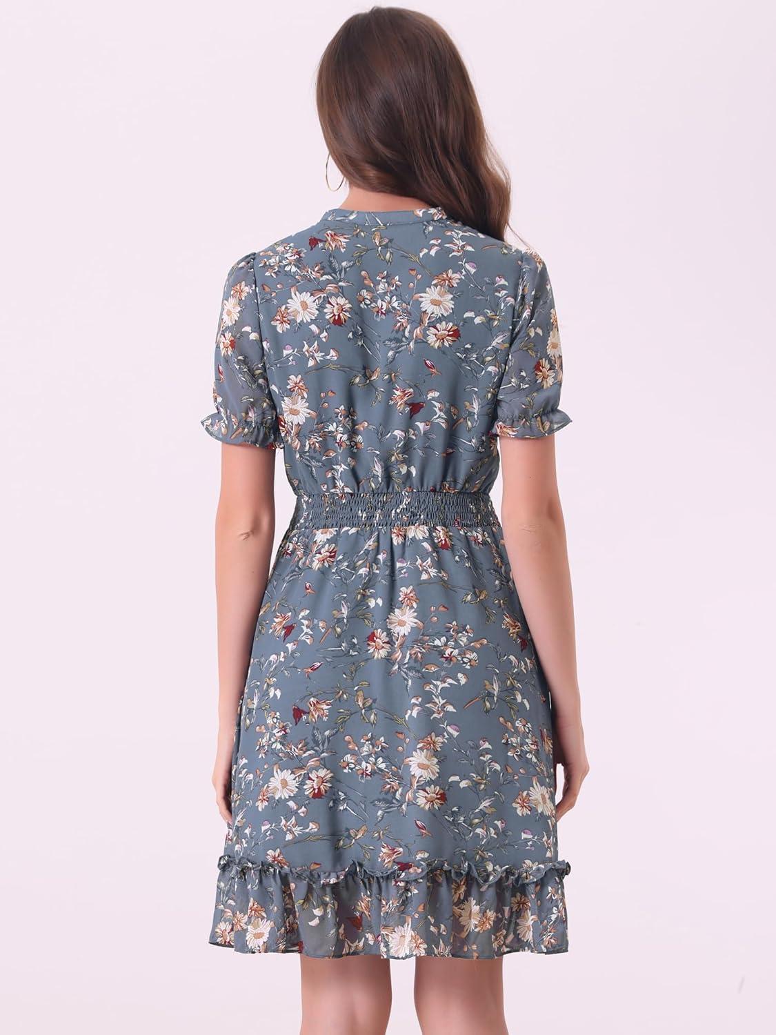 imageAllegra K Floral Dress for Womens 2024 Summer Puff Sleeve Ruffles Tiered Chiffon Smocked DressesGrey Blue