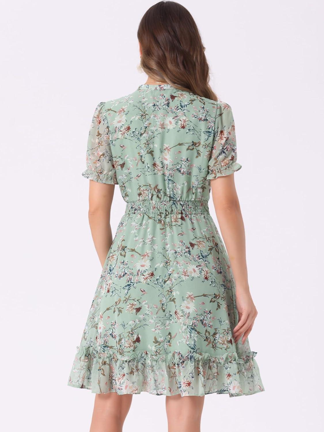 imageAllegra K Floral Dress for Womens 2024 Summer Puff Sleeve Ruffles Tiered Chiffon Smocked DressesLight Green