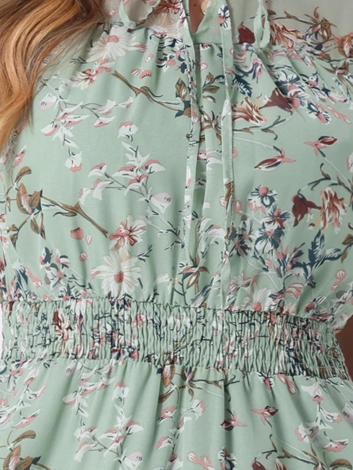 imageAllegra K Floral Dress for Womens 2024 Summer Puff Sleeve Ruffles Tiered Chiffon Smocked DressesLight Green