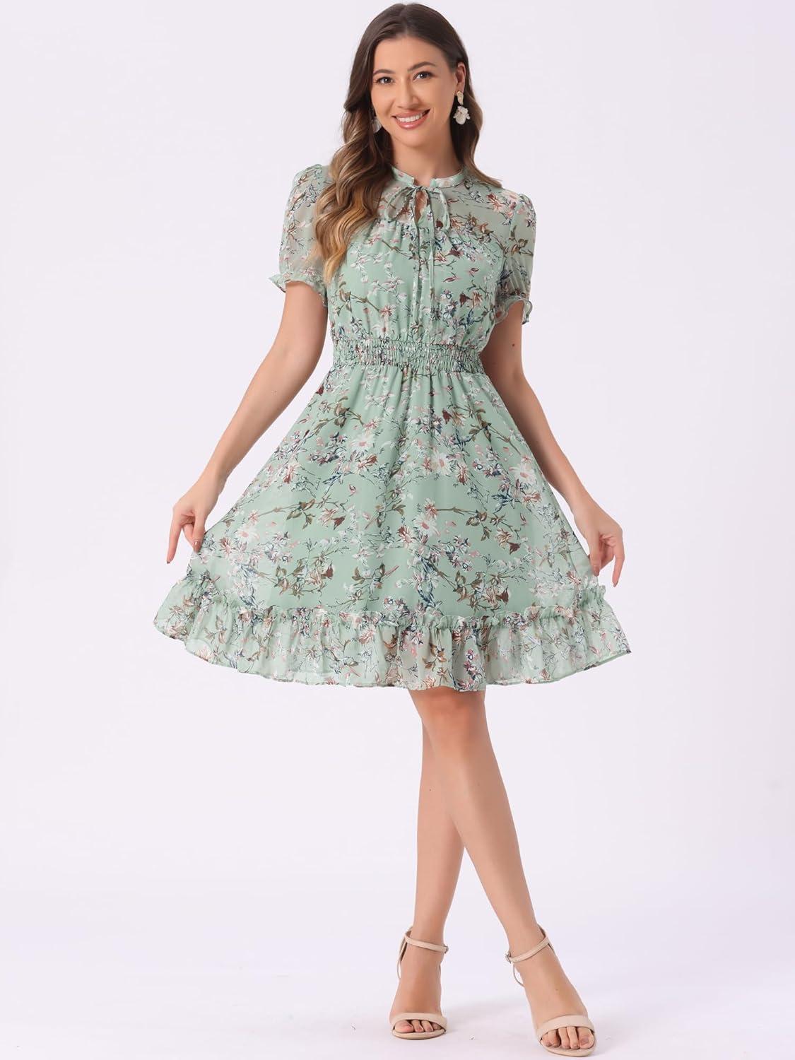 imageAllegra K Floral Dress for Womens 2024 Summer Puff Sleeve Ruffles Tiered Chiffon Smocked DressesLight Green