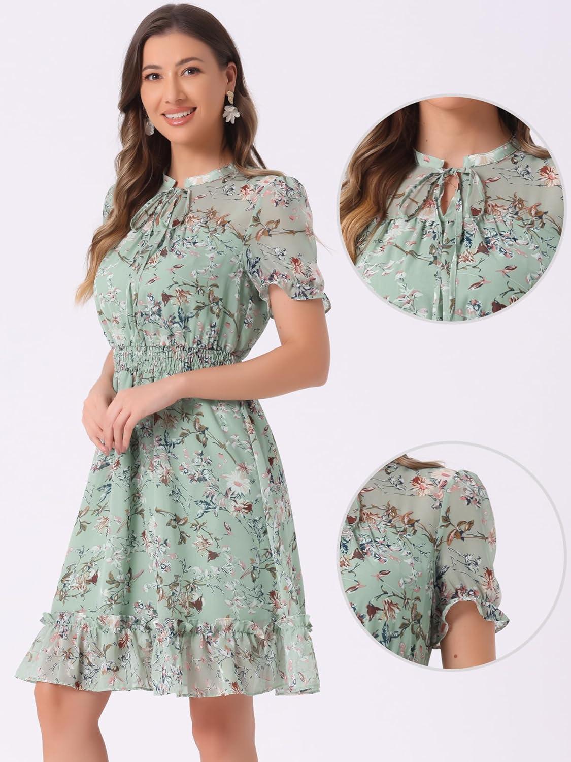 imageAllegra K Floral Dress for Womens 2024 Summer Puff Sleeve Ruffles Tiered Chiffon Smocked DressesLight Green