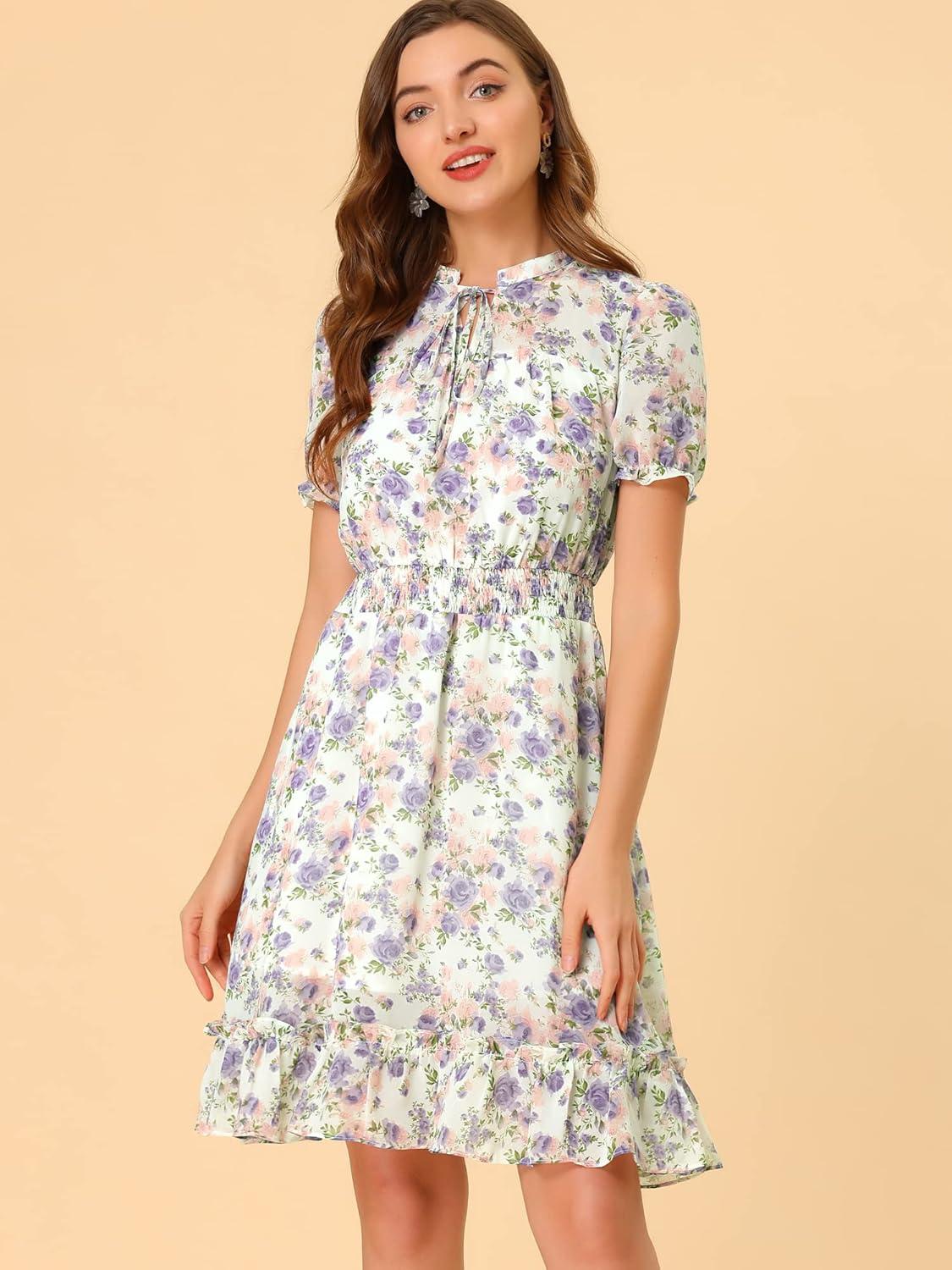 imageAllegra K Floral Dress for Womens 2024 Summer Puff Sleeve Ruffles Tiered Chiffon Smocked DressesWhite