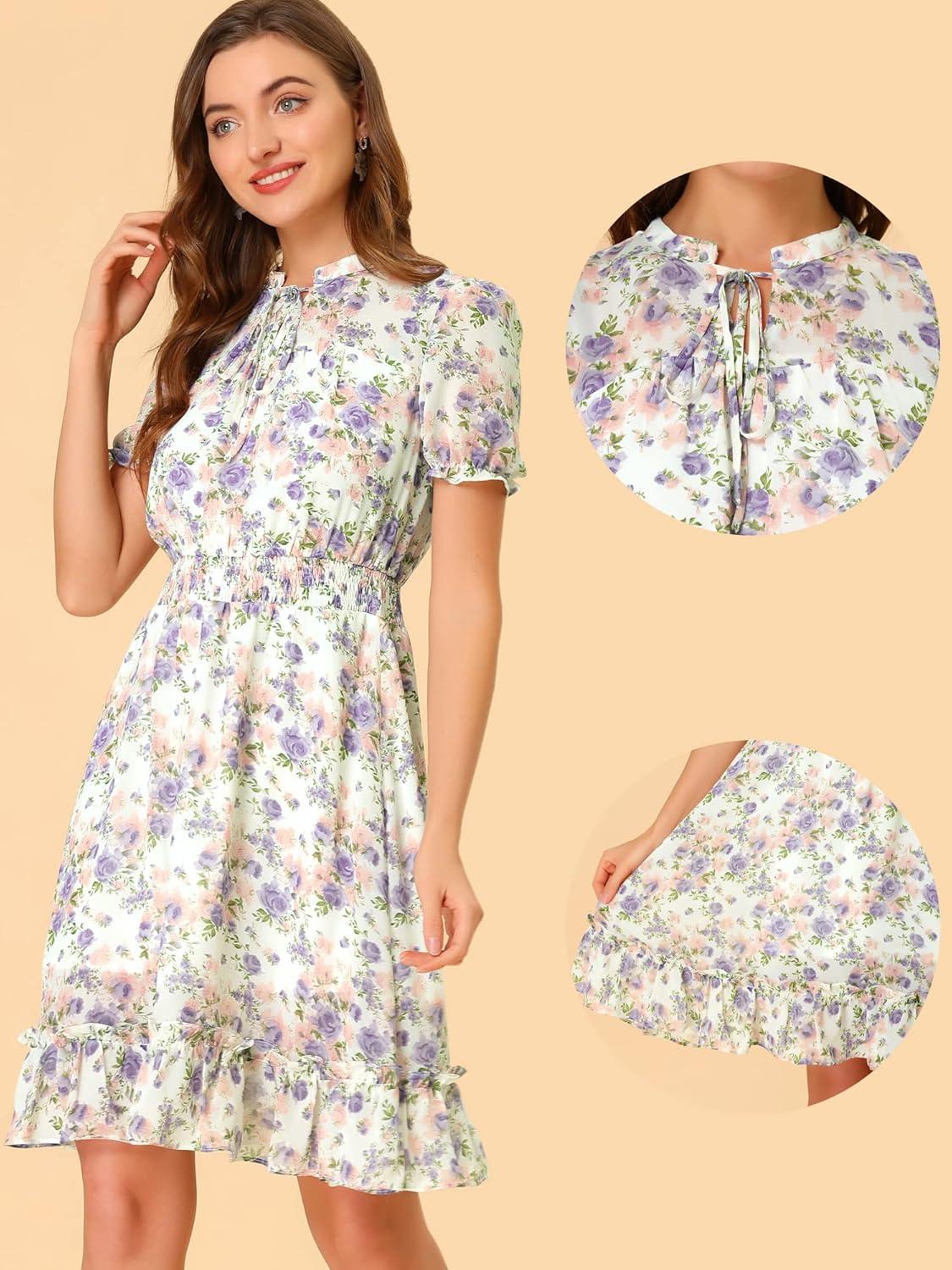imageAllegra K Floral Dress for Womens 2024 Summer Puff Sleeve Ruffles Tiered Chiffon Smocked DressesWhite