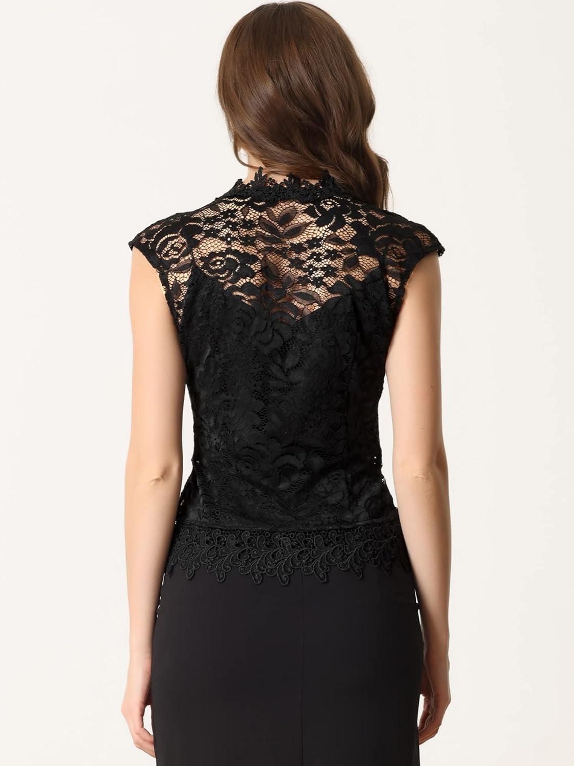 imageAllegra K Floral Lace Shrug for Womens Wedding Guest Cap Sleeve Formal Sheer Bolero CardiganBlack