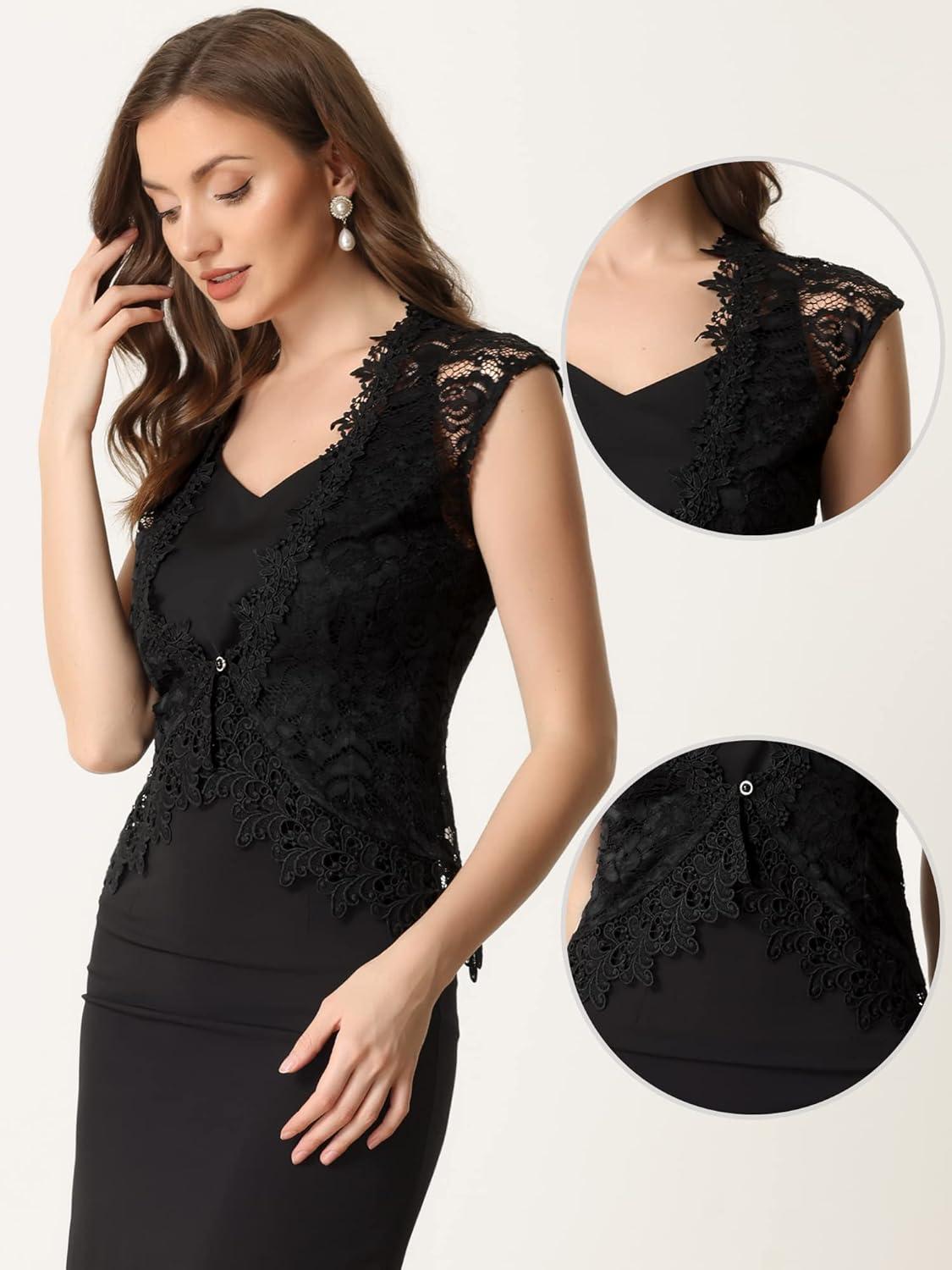 imageAllegra K Floral Lace Shrug for Womens Wedding Guest Cap Sleeve Formal Sheer Bolero CardiganBlack