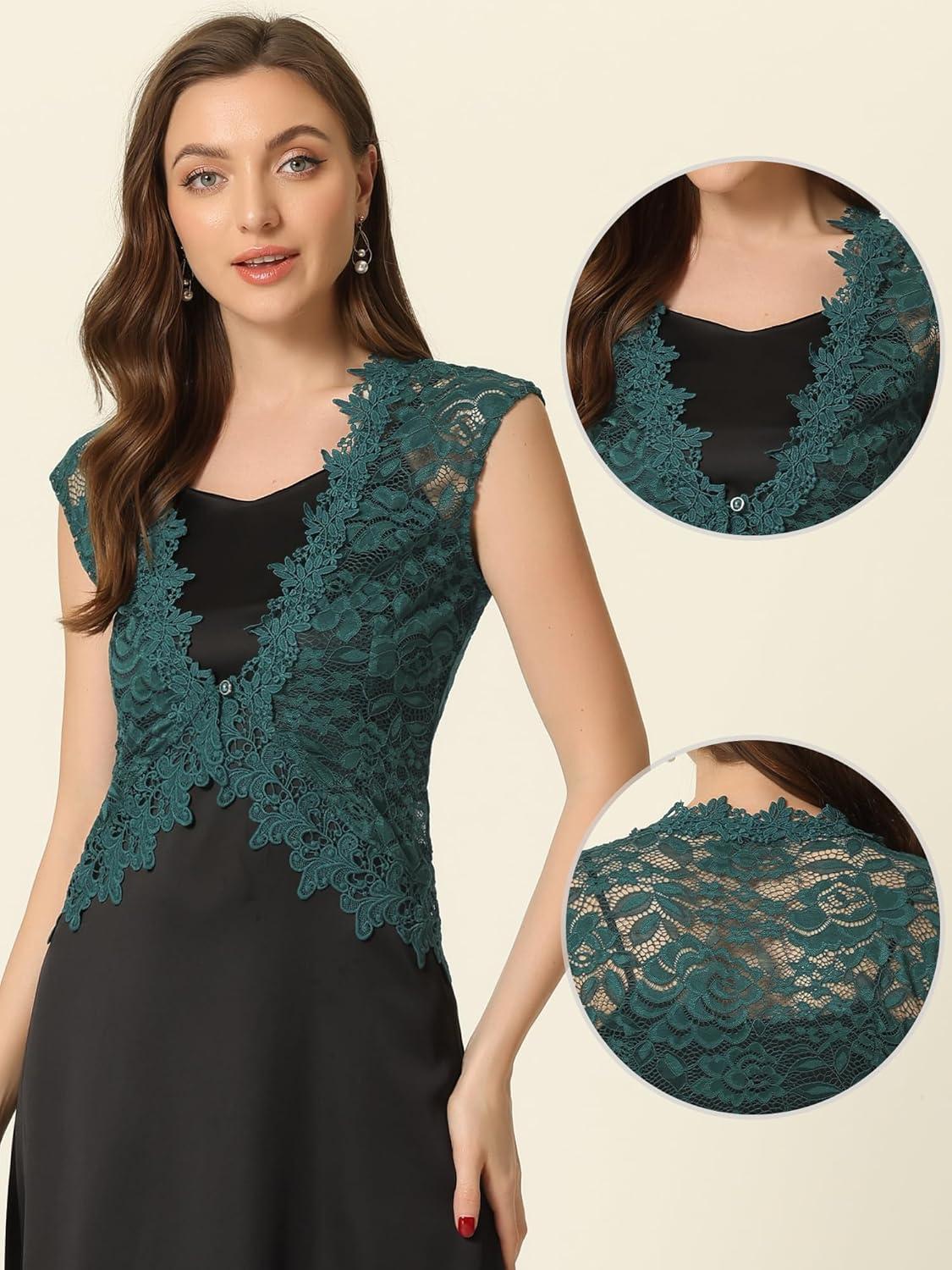 imageAllegra K Floral Lace Shrug for Womens Wedding Guest Cap Sleeve Formal Sheer Bolero CardiganBlue Green