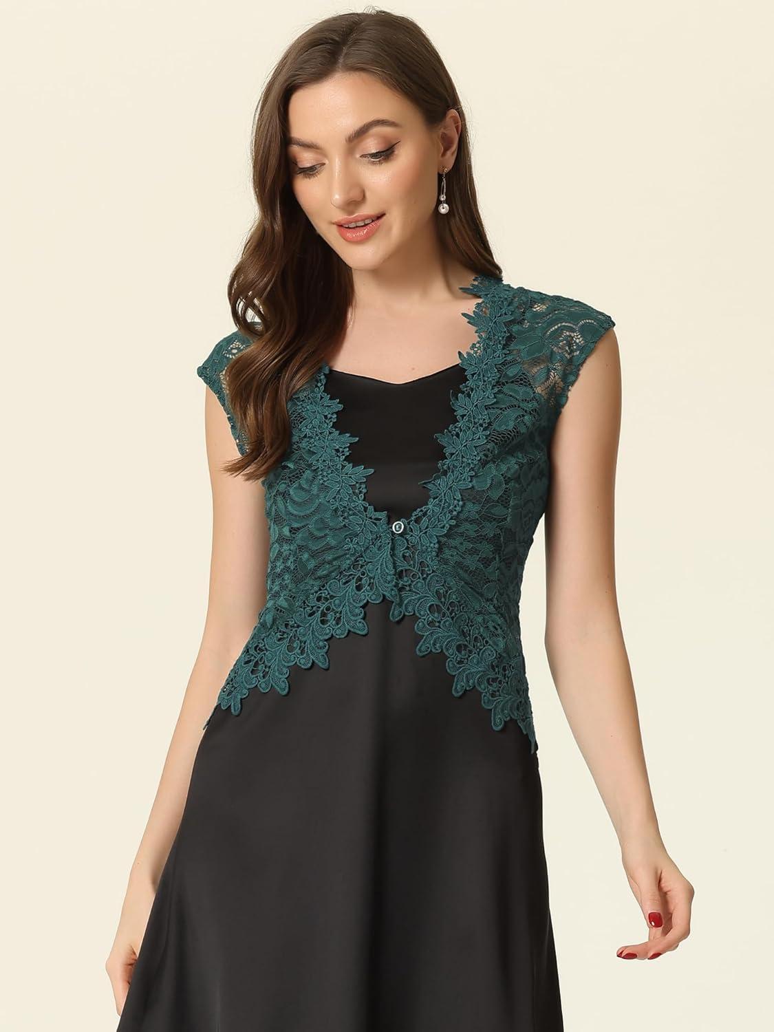 imageAllegra K Floral Lace Shrug for Womens Wedding Guest Cap Sleeve Formal Sheer Bolero CardiganBlue Green