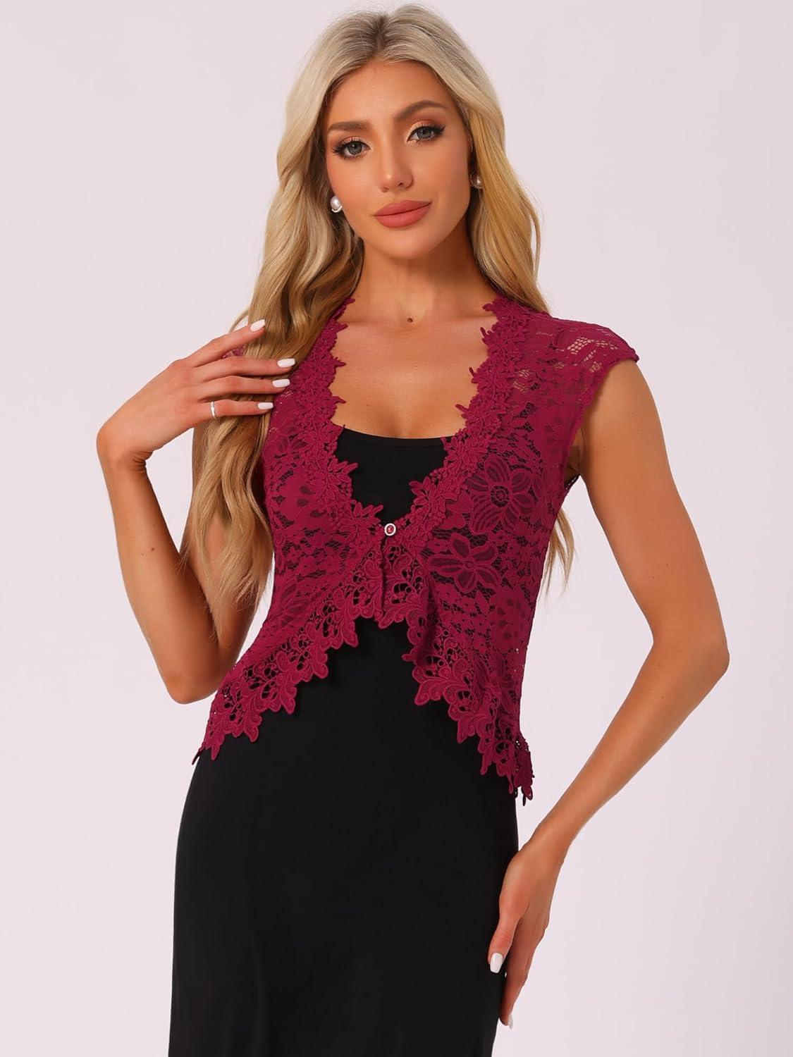 imageAllegra K Floral Lace Shrug for Womens Wedding Guest Cap Sleeve Formal Sheer Bolero CardiganBurgundy