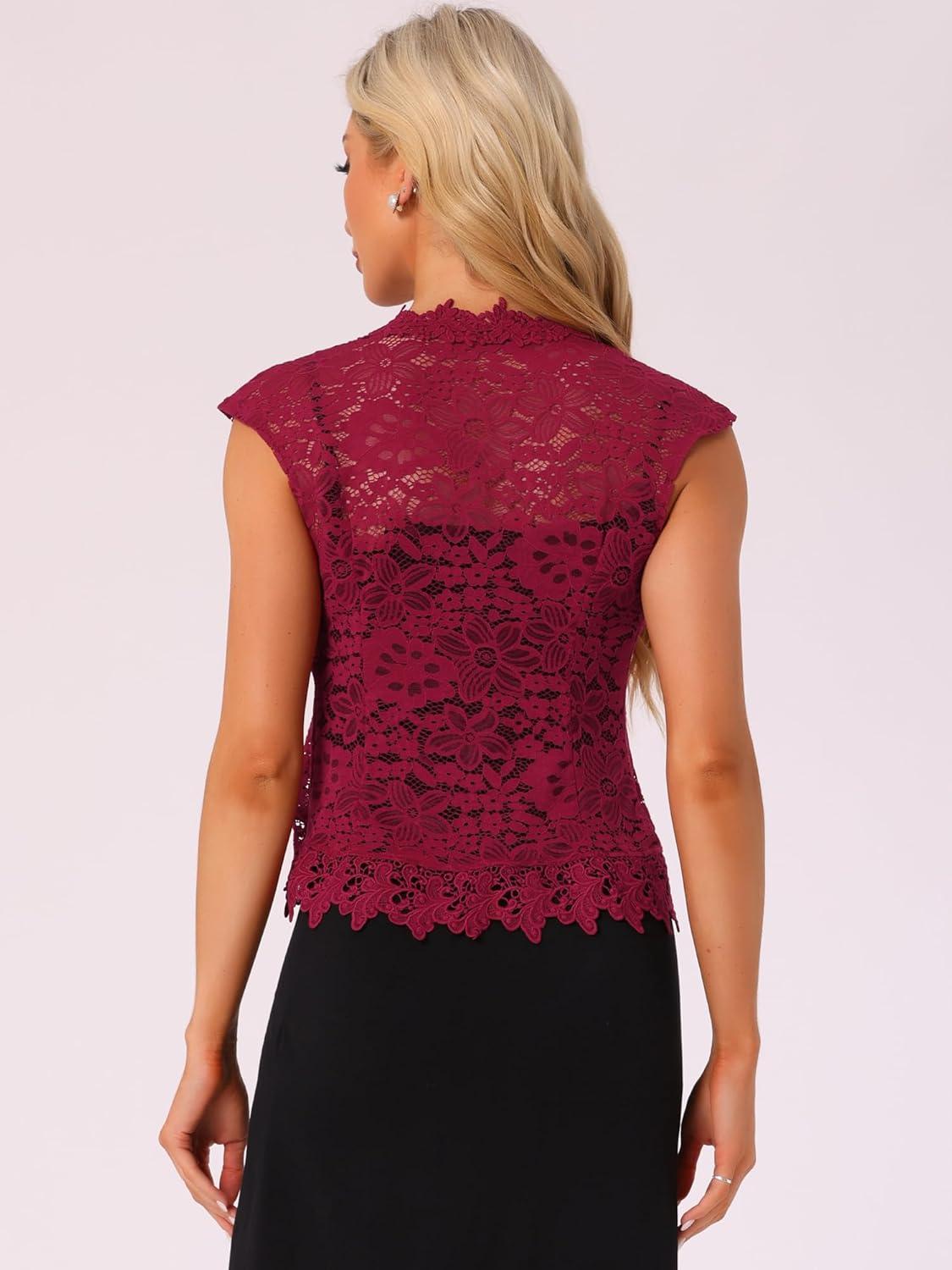 imageAllegra K Floral Lace Shrug for Womens Wedding Guest Cap Sleeve Formal Sheer Bolero CardiganBurgundy