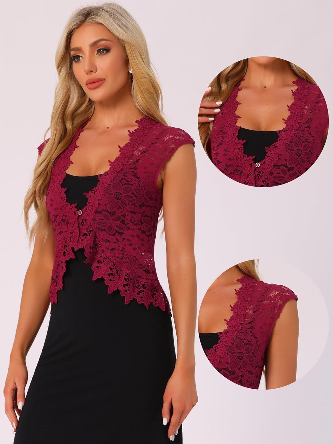 imageAllegra K Floral Lace Shrug for Womens Wedding Guest Cap Sleeve Formal Sheer Bolero CardiganBurgundy