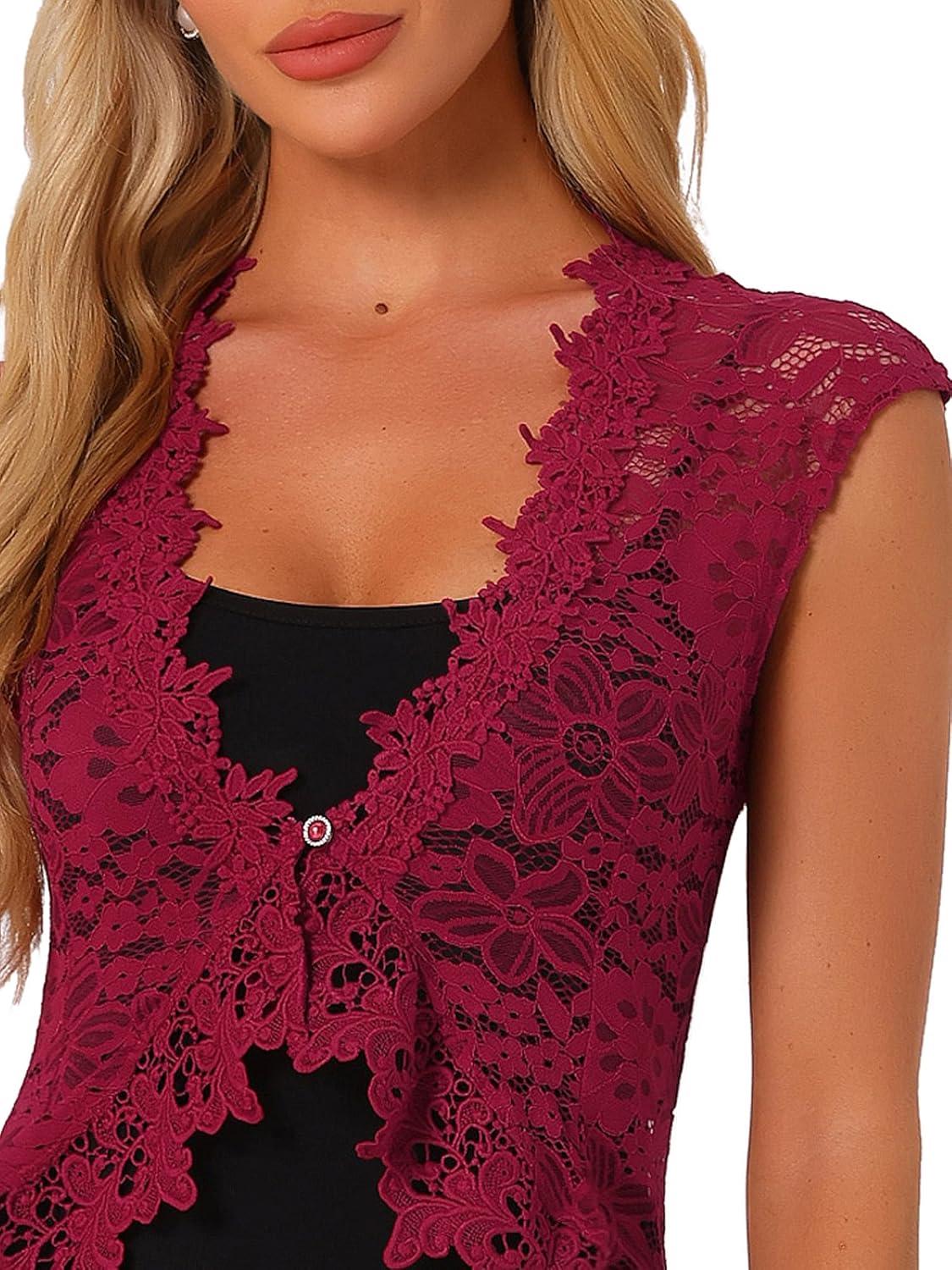 imageAllegra K Floral Lace Shrug for Womens Wedding Guest Cap Sleeve Formal Sheer Bolero CardiganBurgundy
