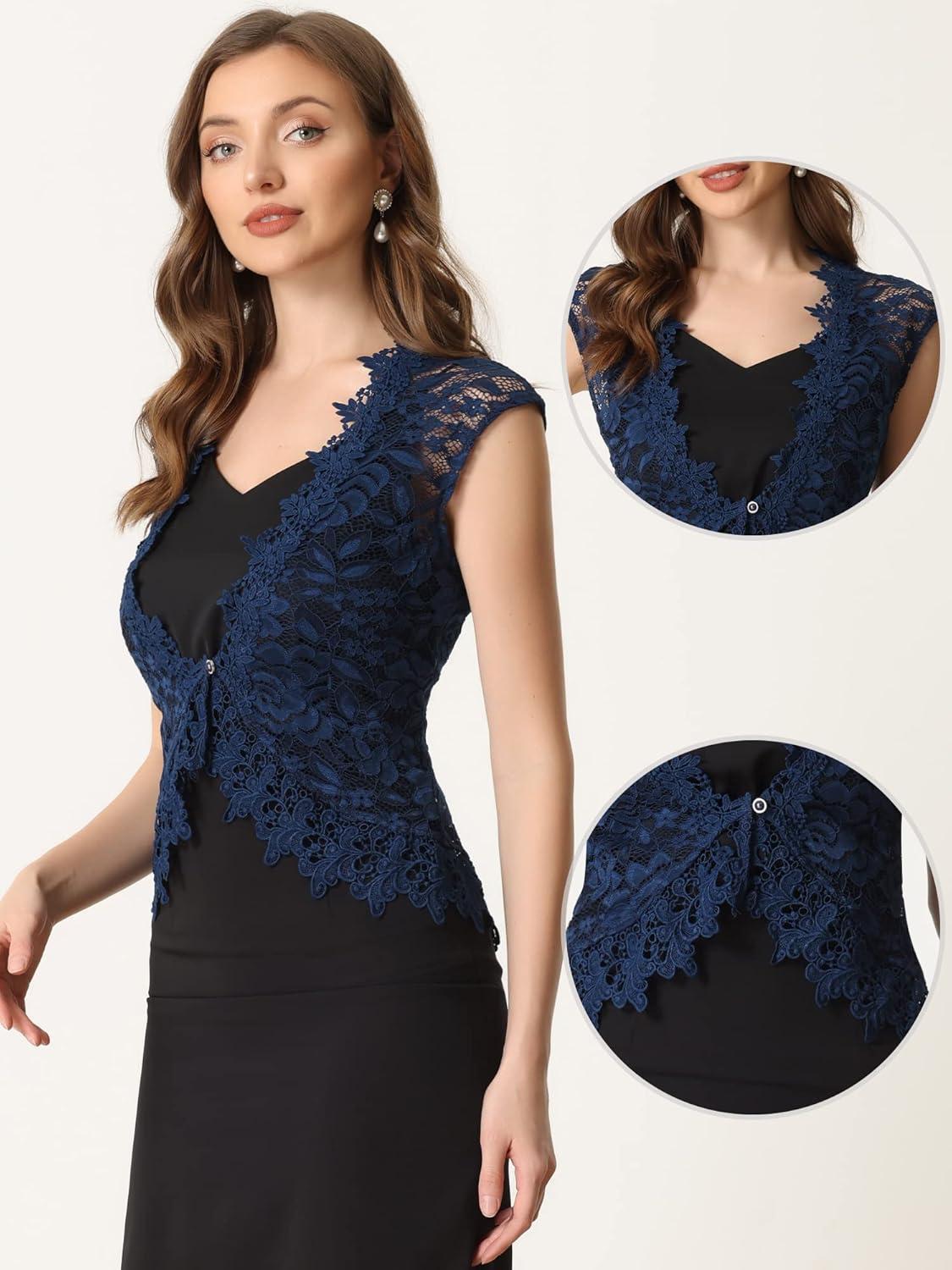 imageAllegra K Floral Lace Shrug for Womens Wedding Guest Cap Sleeve Formal Sheer Bolero CardiganDark Blue