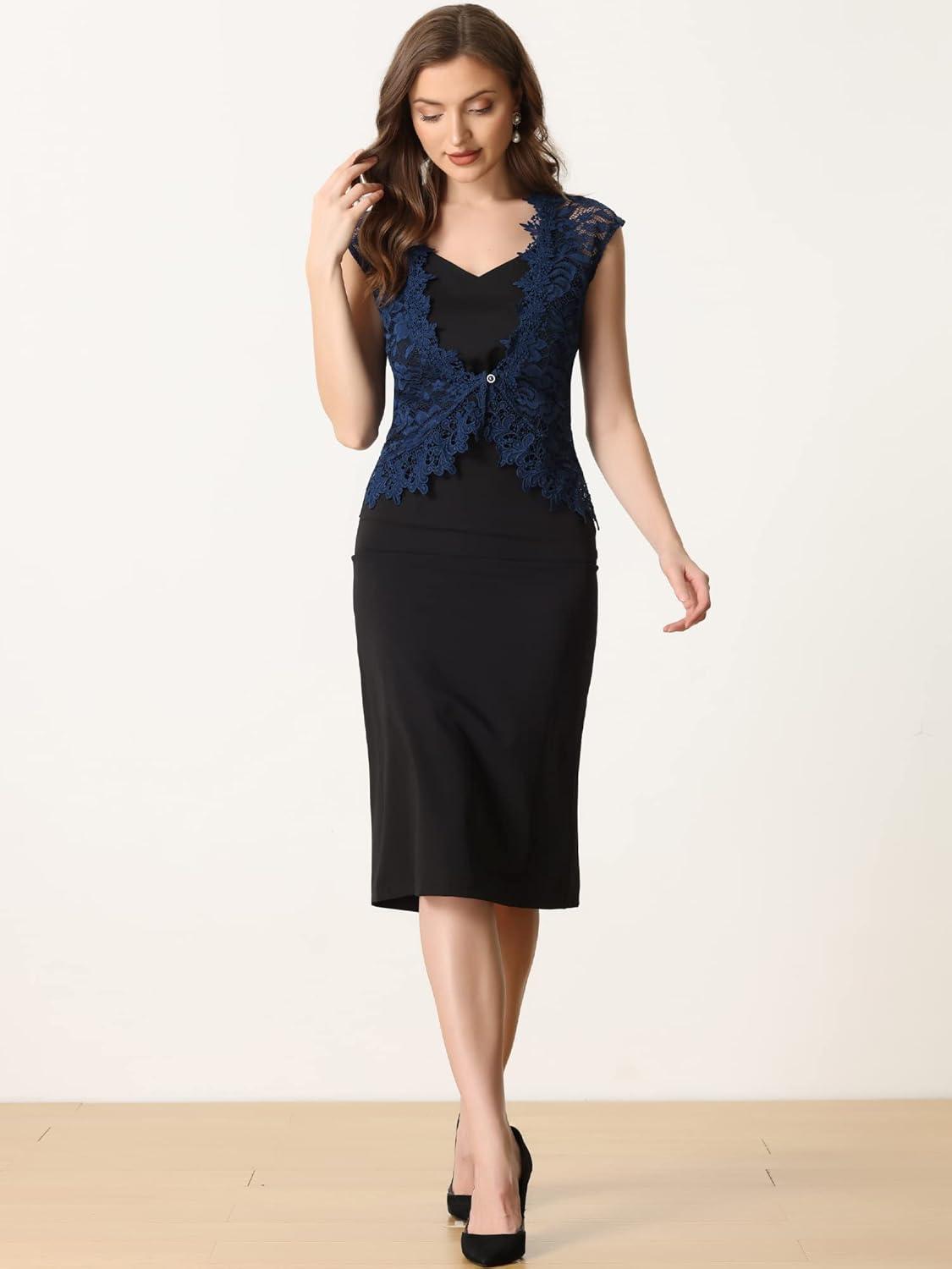 imageAllegra K Floral Lace Shrug for Womens Wedding Guest Cap Sleeve Formal Sheer Bolero CardiganDark Blue