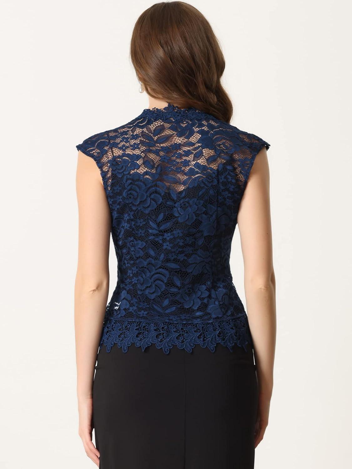 imageAllegra K Floral Lace Shrug for Womens Wedding Guest Cap Sleeve Formal Sheer Bolero CardiganDark Blue