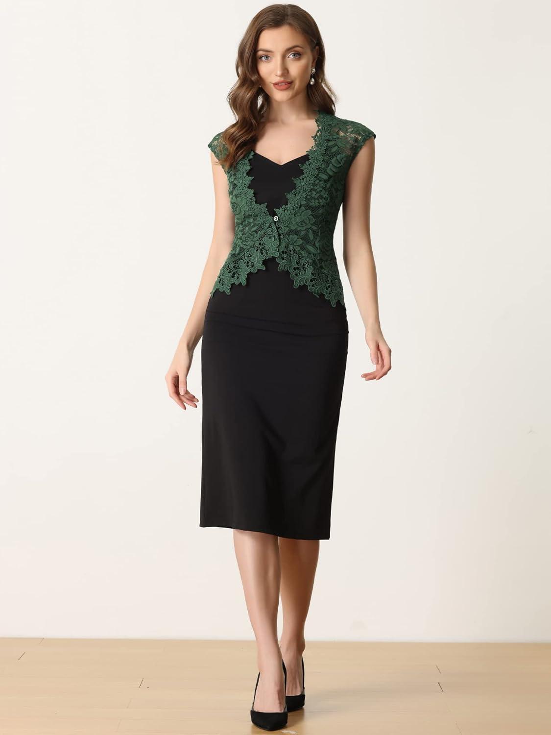 imageAllegra K Floral Lace Shrug for Womens Wedding Guest Cap Sleeve Formal Sheer Bolero CardiganDark Green