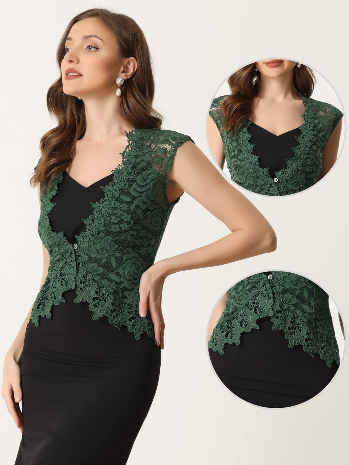 imageAllegra K Floral Lace Shrug for Womens Wedding Guest Cap Sleeve Formal Sheer Bolero CardiganDark Green
