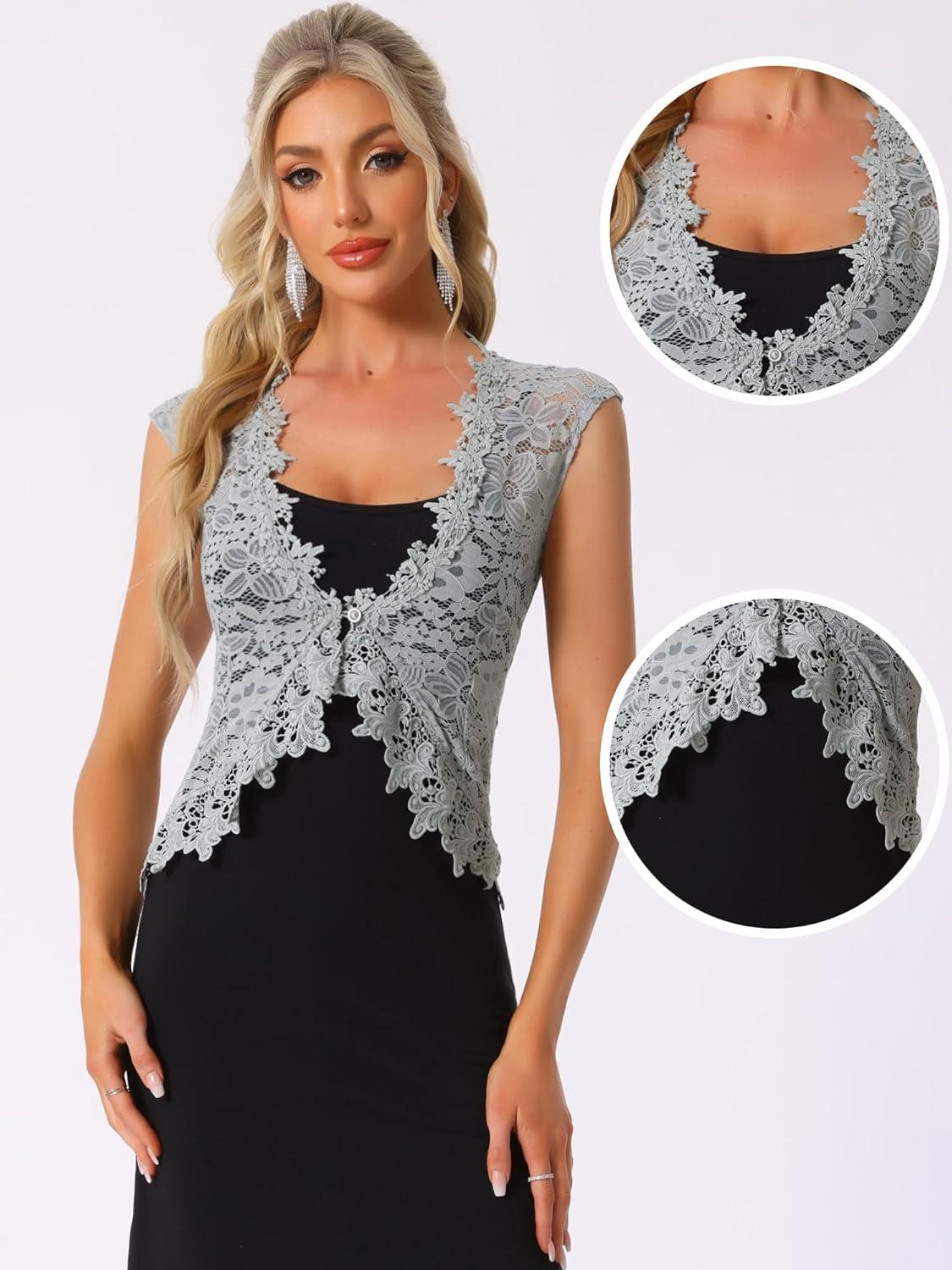 imageAllegra K Floral Lace Shrug for Womens Wedding Guest Cap Sleeve Formal Sheer Bolero CardiganGrey
