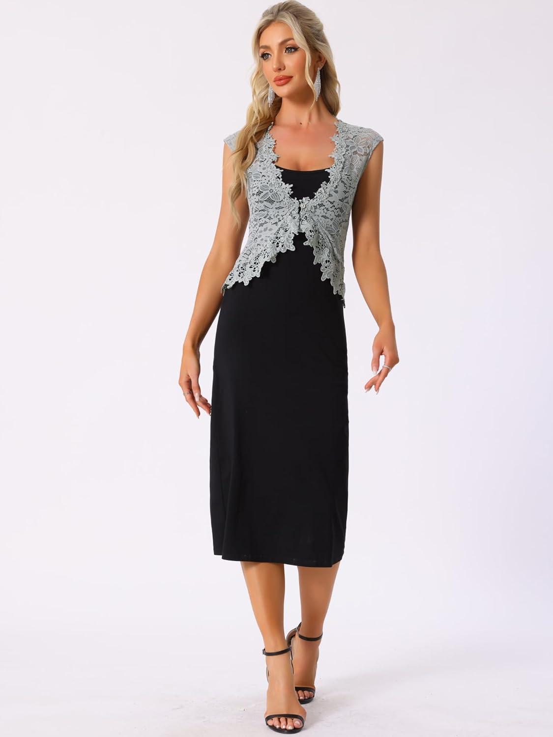 imageAllegra K Floral Lace Shrug for Womens Wedding Guest Cap Sleeve Formal Sheer Bolero CardiganGrey