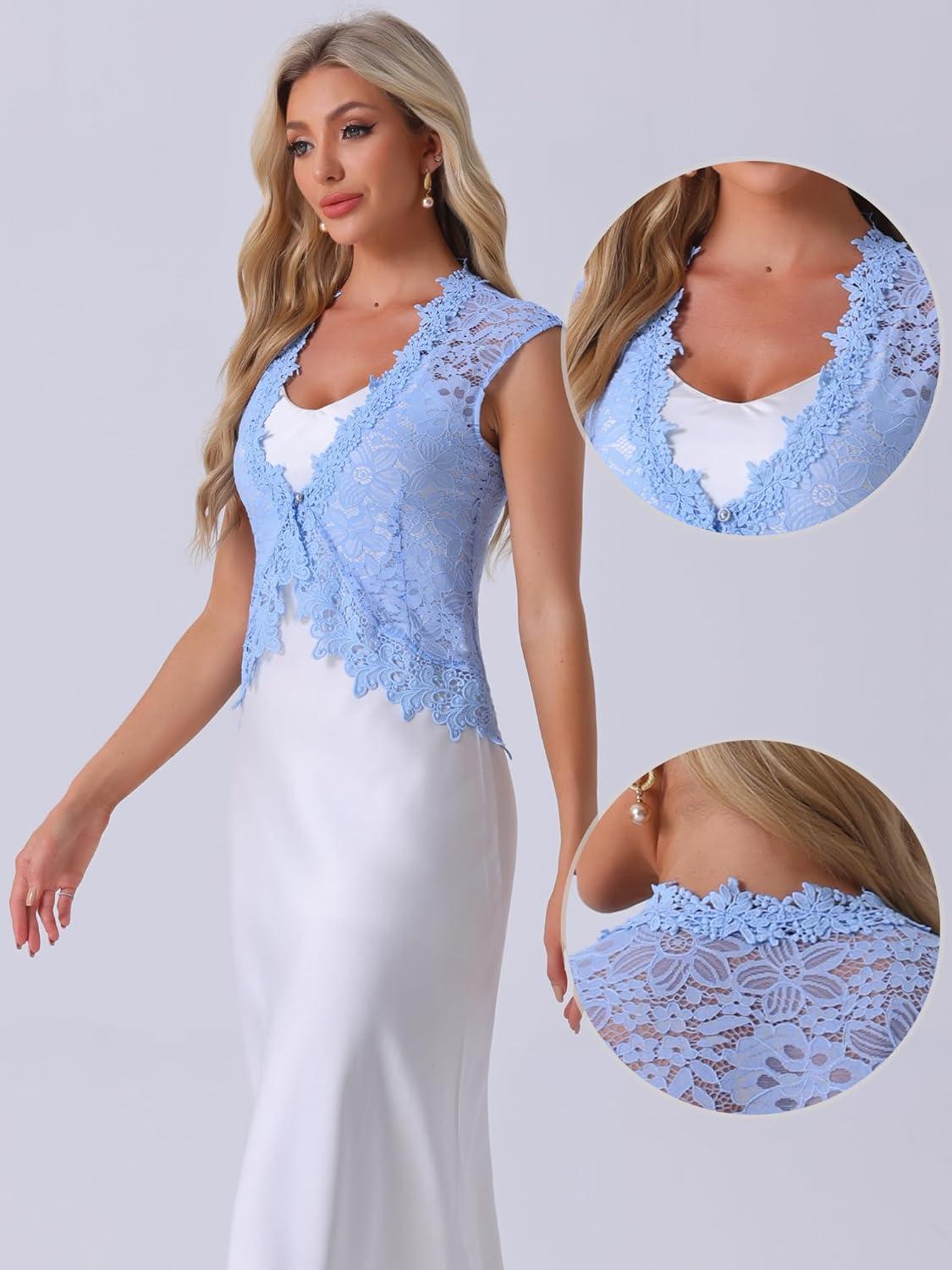 imageAllegra K Floral Lace Shrug for Womens Wedding Guest Cap Sleeve Formal Sheer Bolero CardiganSky Blue