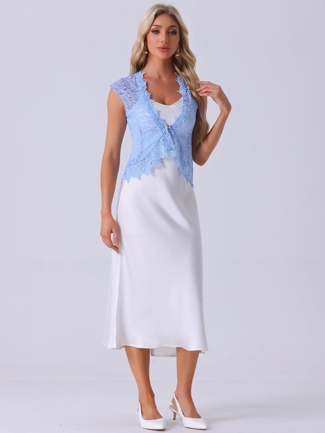 imageAllegra K Floral Lace Shrug for Womens Wedding Guest Cap Sleeve Formal Sheer Bolero CardiganSky Blue
