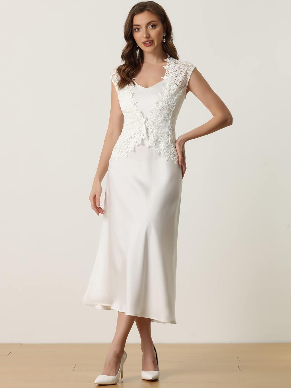 imageAllegra K Floral Lace Shrug for Womens Wedding Guest Cap Sleeve Formal Sheer Bolero CardiganWhite