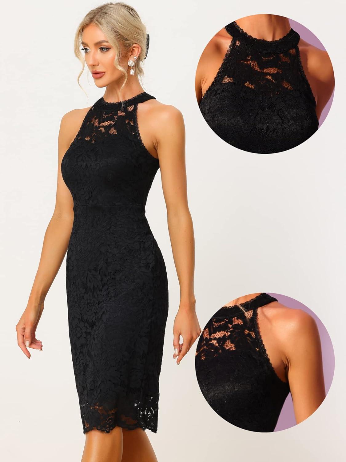 imageAllegra K Halter Formal Dress for Womens Sleeveless Bodycon Wedding Guest Cocktail Lace Sheath DressBlack
