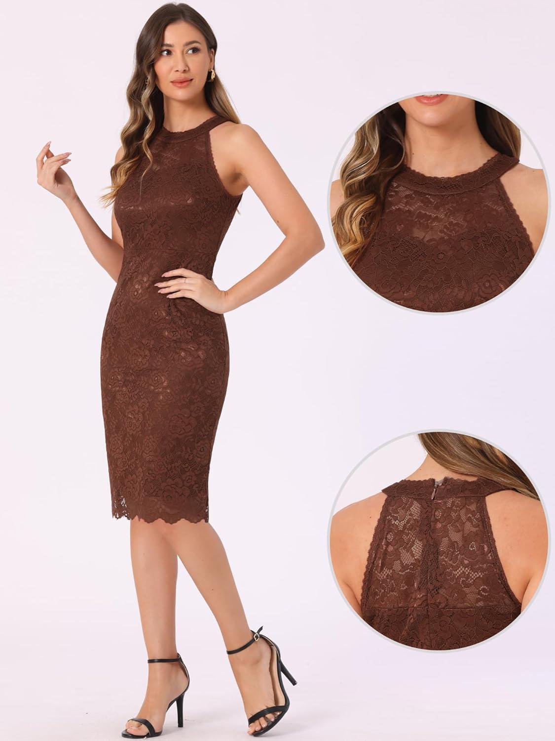 imageAllegra K Halter Formal Dress for Womens Sleeveless Bodycon Wedding Guest Cocktail Lace Sheath DressBrown