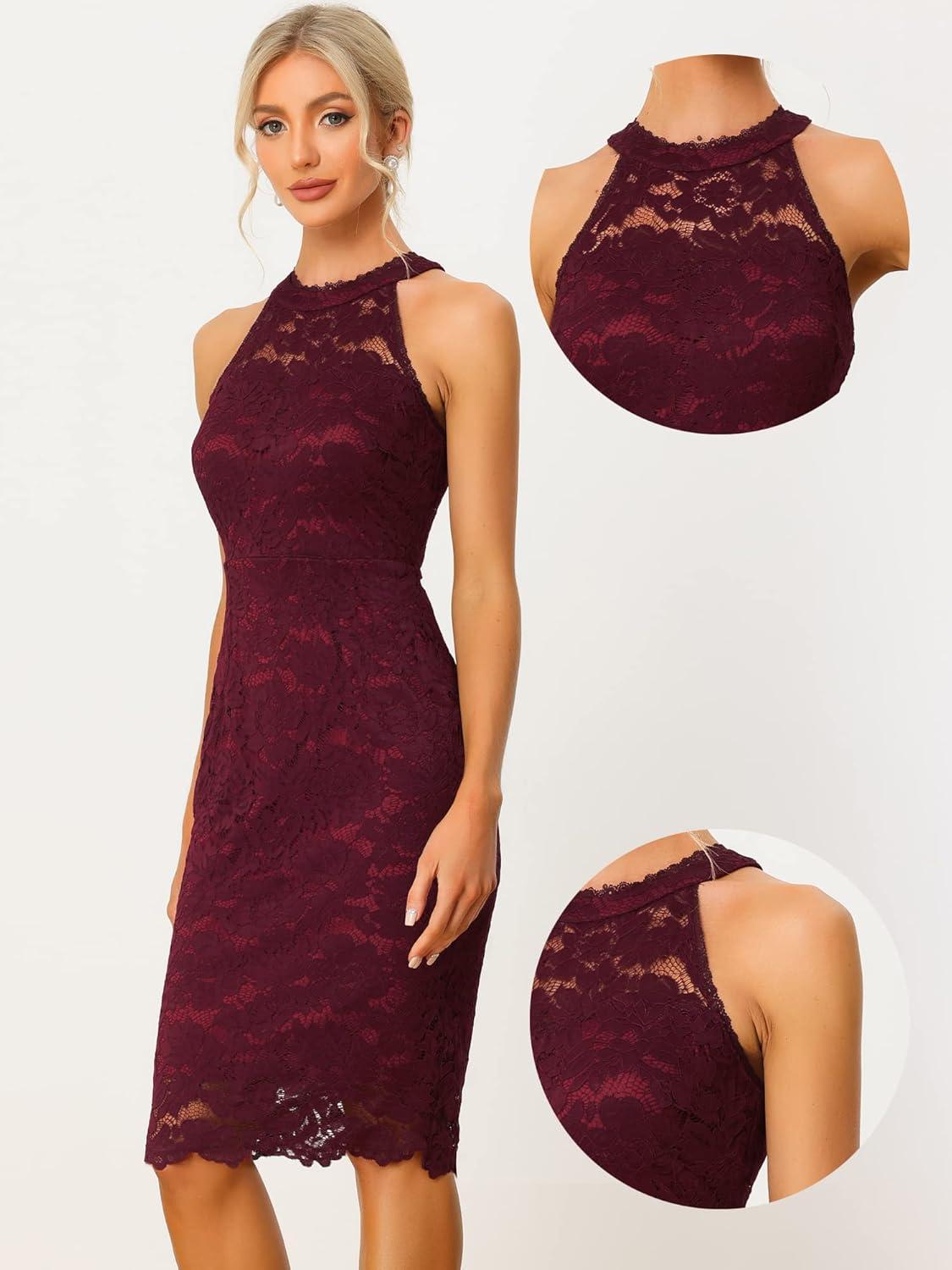 imageAllegra K Halter Formal Dress for Womens Sleeveless Bodycon Wedding Guest Cocktail Lace Sheath DressBurgundy