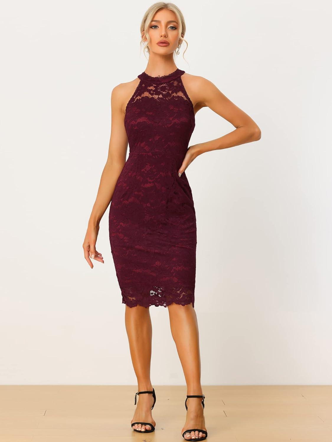 imageAllegra K Halter Formal Dress for Womens Sleeveless Bodycon Wedding Guest Cocktail Lace Sheath DressBurgundy