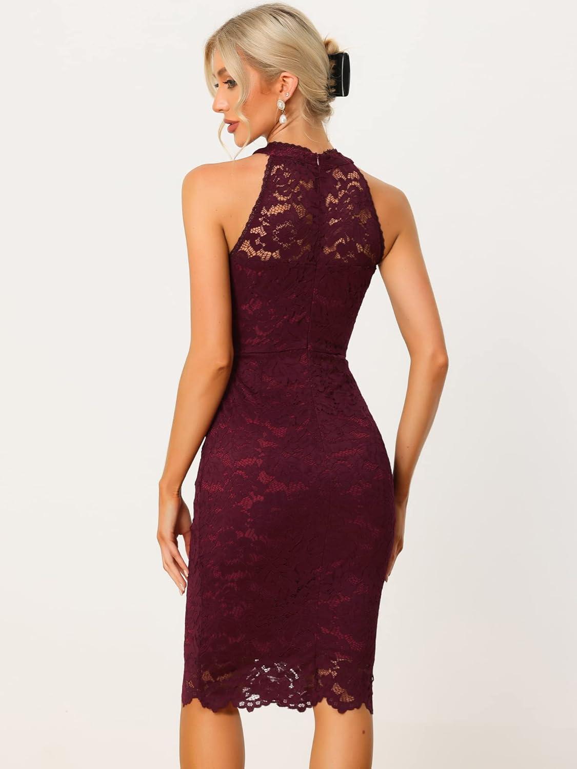 imageAllegra K Halter Formal Dress for Womens Sleeveless Bodycon Wedding Guest Cocktail Lace Sheath DressBurgundy