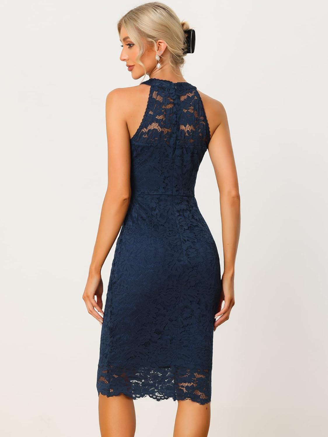 imageAllegra K Halter Formal Dress for Womens Sleeveless Bodycon Wedding Guest Cocktail Lace Sheath DressDark Blue