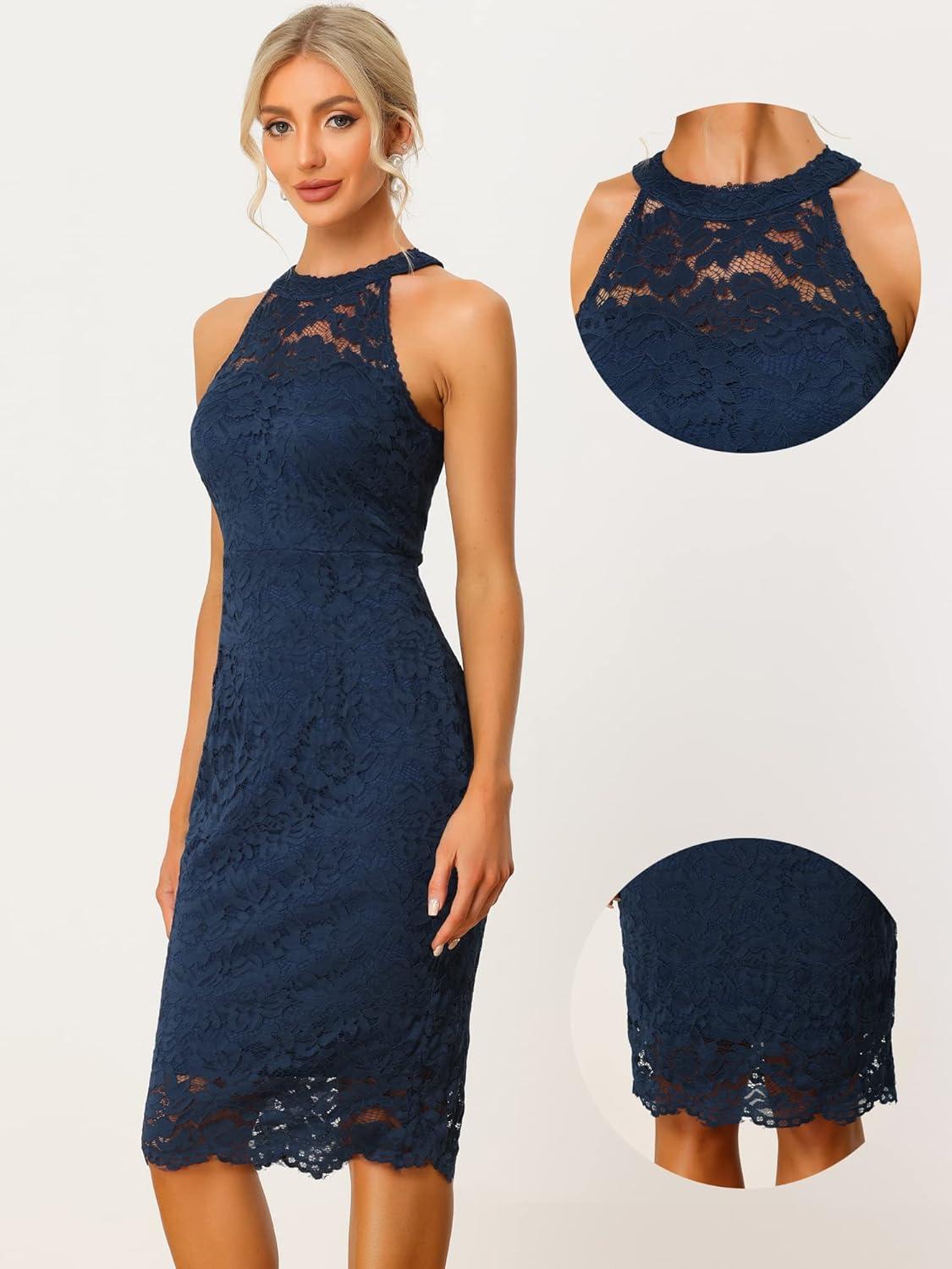 imageAllegra K Halter Formal Dress for Womens Sleeveless Bodycon Wedding Guest Cocktail Lace Sheath DressDark Blue