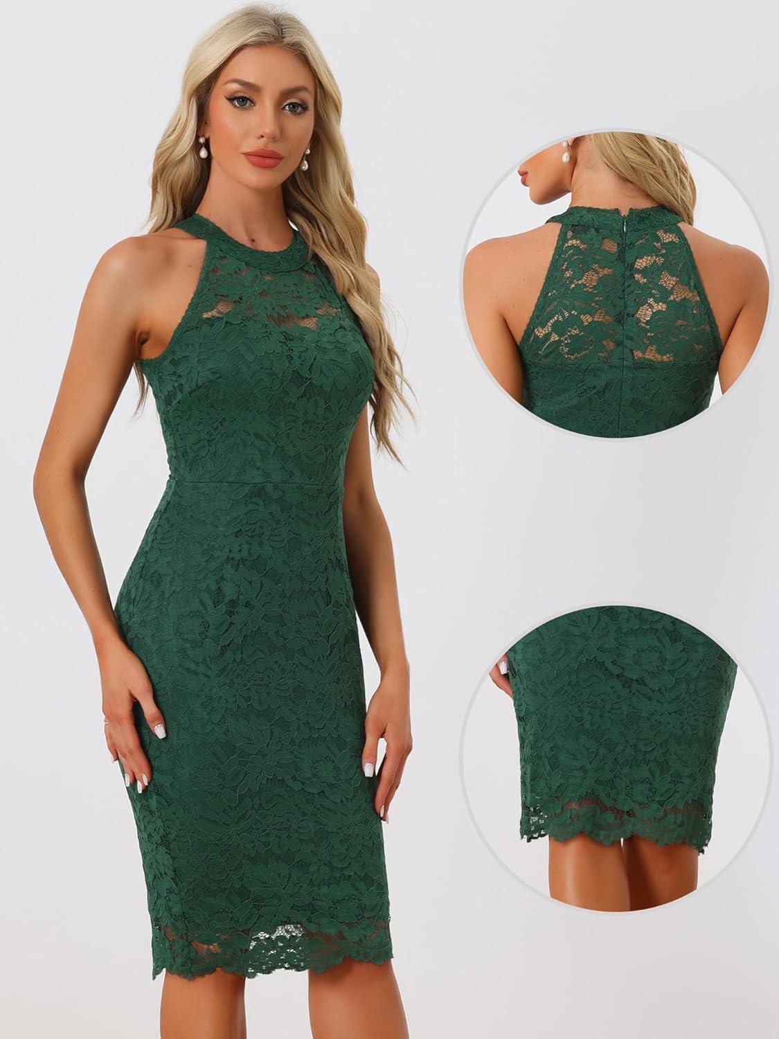 imageAllegra K Halter Formal Dress for Womens Sleeveless Bodycon Wedding Guest Cocktail Lace Sheath DressDark Green