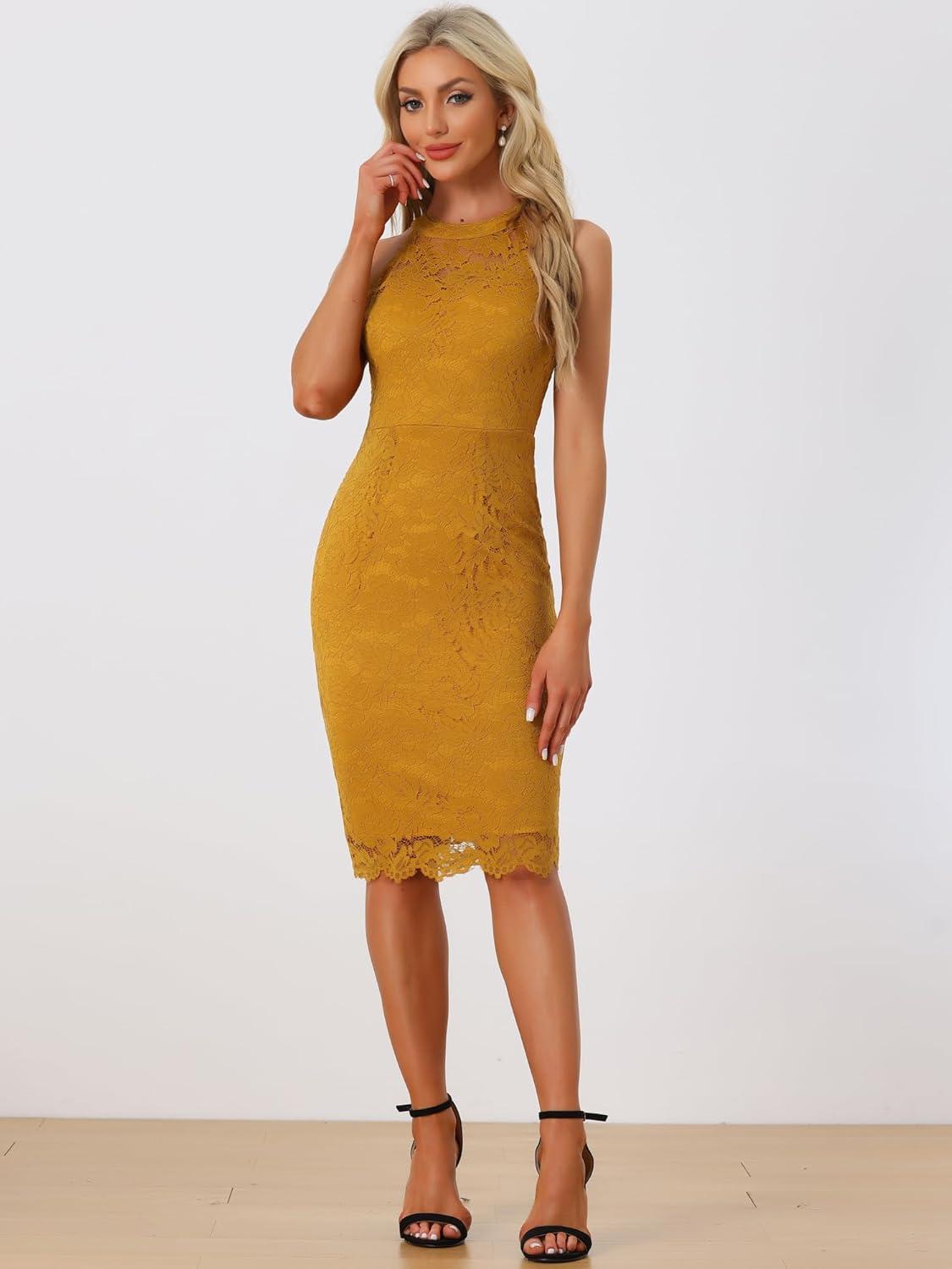 imageAllegra K Halter Formal Dress for Womens Sleeveless Bodycon Wedding Guest Cocktail Lace Sheath DressDark Yellow