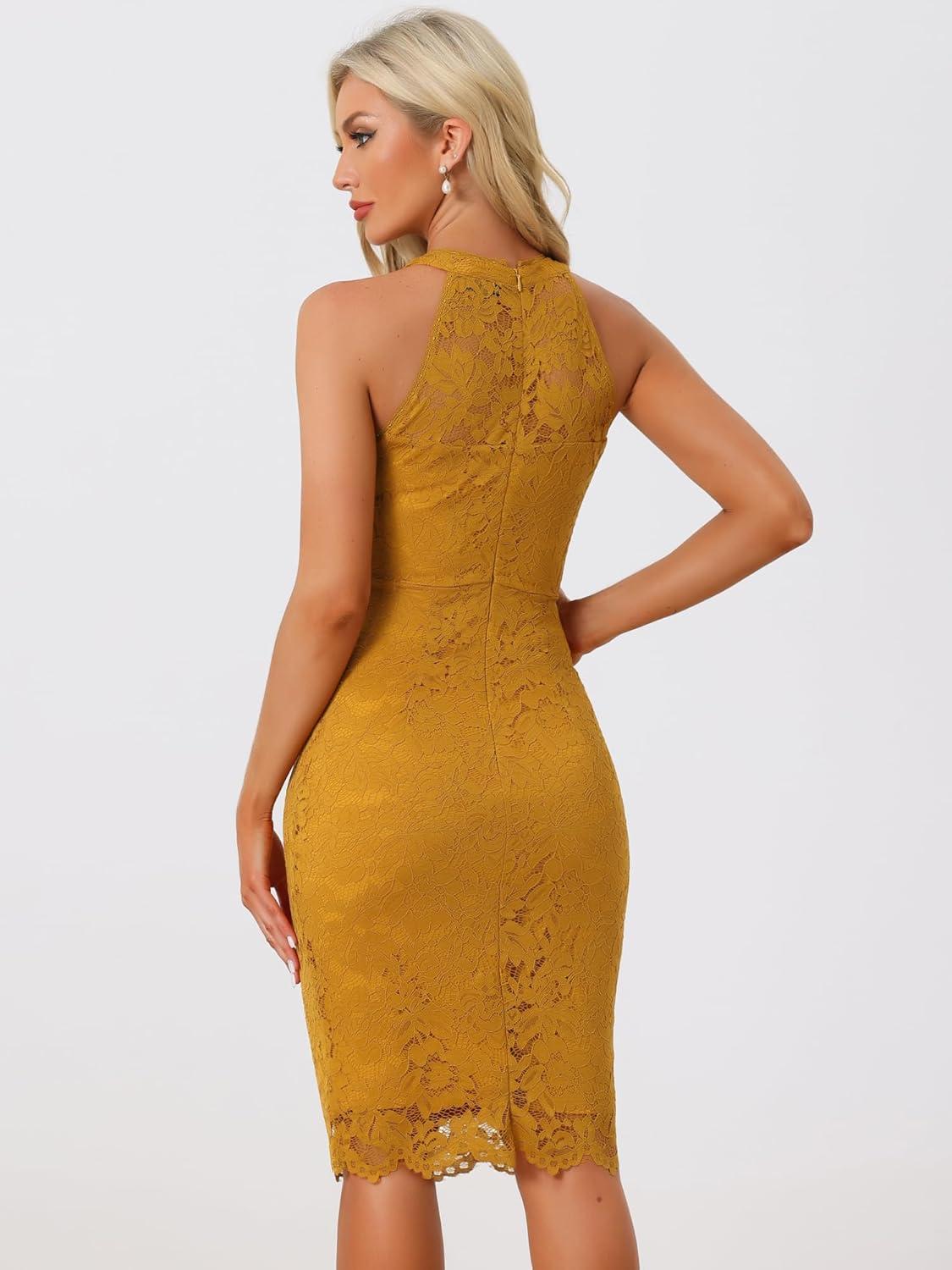 imageAllegra K Halter Formal Dress for Womens Sleeveless Bodycon Wedding Guest Cocktail Lace Sheath DressDark Yellow